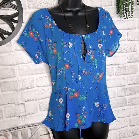 Hollister Blue Floral Babydoll Sheer Hi Lo Boho Hippie Blouse Top Shirt Small - Picture 1 of 6